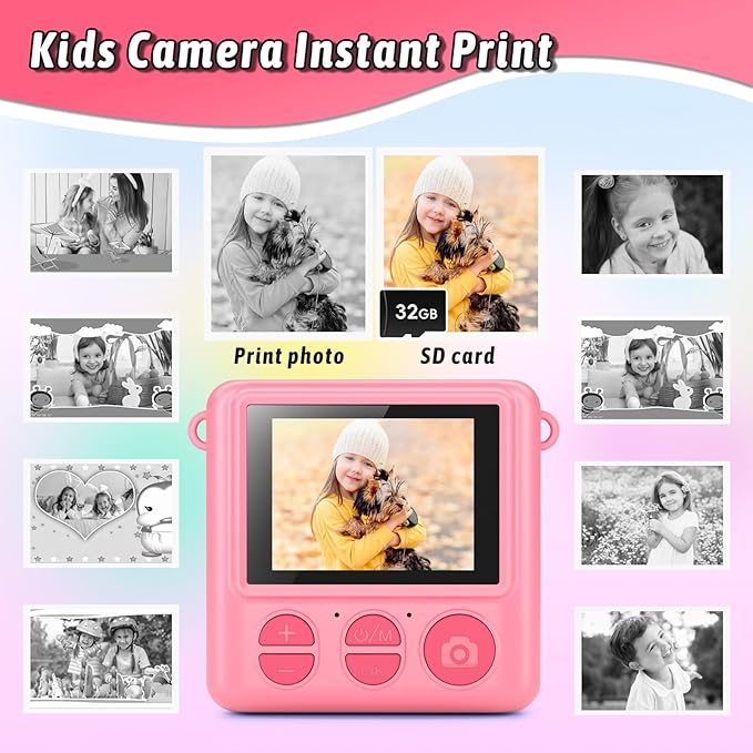 Kids Camera Instant Print, Christmas Birthday Gifts for Girls Boys Age 3-12，HD Selfie Kids Digital Camera, Portable Travel Toy for 3 4 5 6 7 8 9 10 Year Old Girls (Pink)