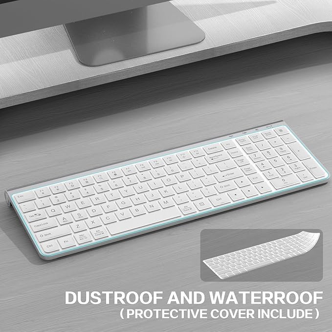 JOYACCESS Wireless Keyboard, Ergonomic,Dustproof,2.4G Slim and Compact Quiet Wireless Keyboard with Number Keypad for Windows, MacBook Pro/Air, Laptop, Desktop, PC-Sliver&White