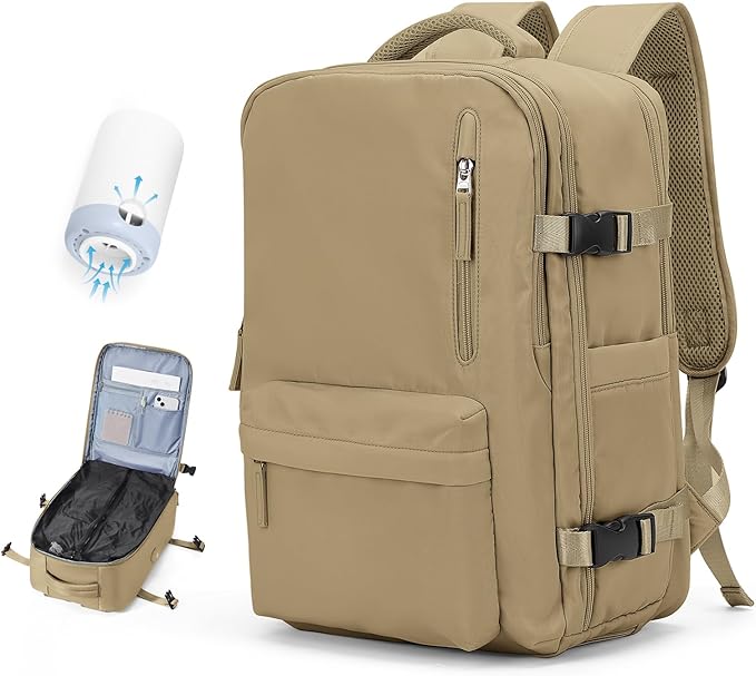 Vacuum Travel Backpack with Pump for Women,Personal Item Carry on Backpacks Flight Approved 18x14x8 inches for Men,Laptop Waterproof Work Compression bags Casual Daypack Khaki