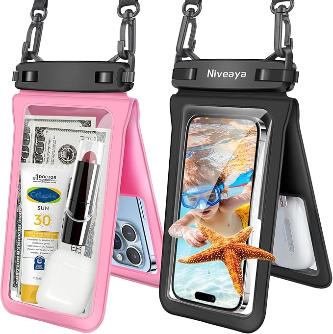 Niveaya Double Space Waterproof Phone Pouch - 2 Pack, Waterproof Phone Lanyard Case with iPhone 16/15/14/13/12 Pro Max up to 8.3", Phone Dry Bags for Vacation Beach Pool Kayak Cruise Travel Essentials