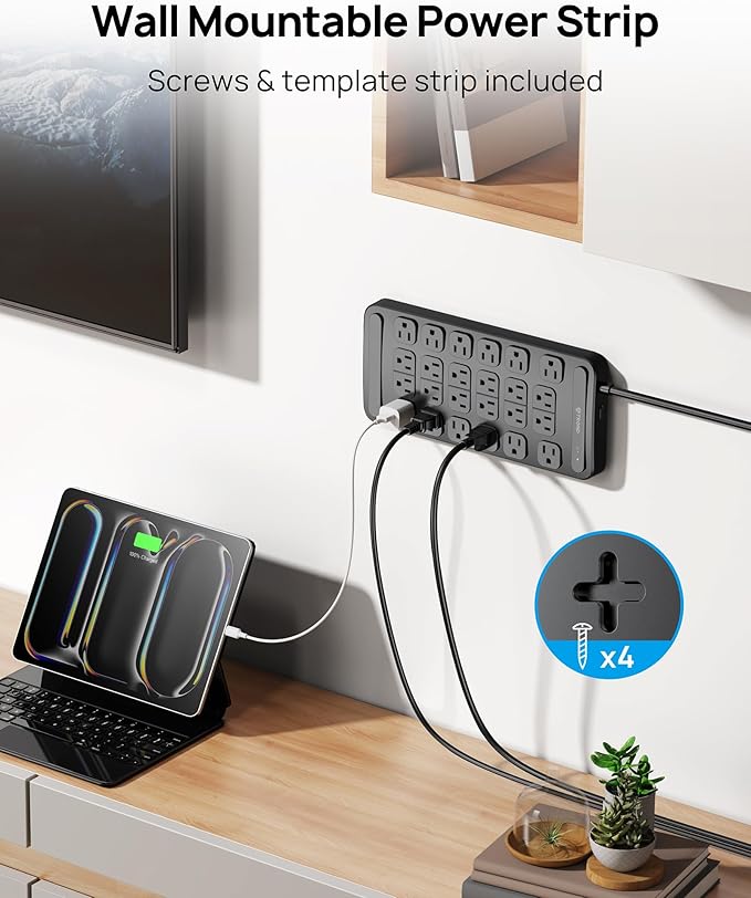 TROND Surge Protector Power Strip 360° Rotating Flat Plug, 24 AC Outlets, 4000 Joules, 10ft Heavy Duty Extension Cord 1875W, ETL Listed, Ideal for Gaming Office Home Dorm Room Essentials Black