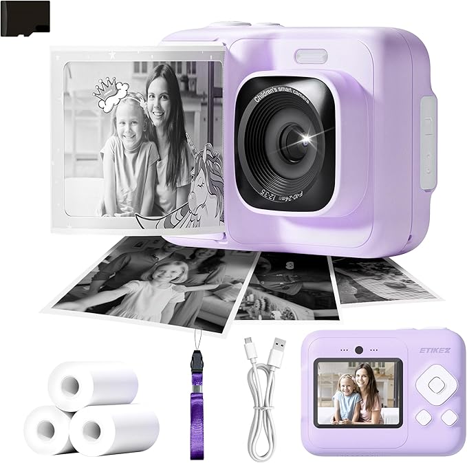 Instant Print Camera for Kids, HD Digital Camera, Christmas Birthday Gifts for 4 5 6 7 8 9 10 Year Old Girls Boys, Portable Toy Printer with 32GB SD Card & 3 Rolls Printing Paper, Mauve