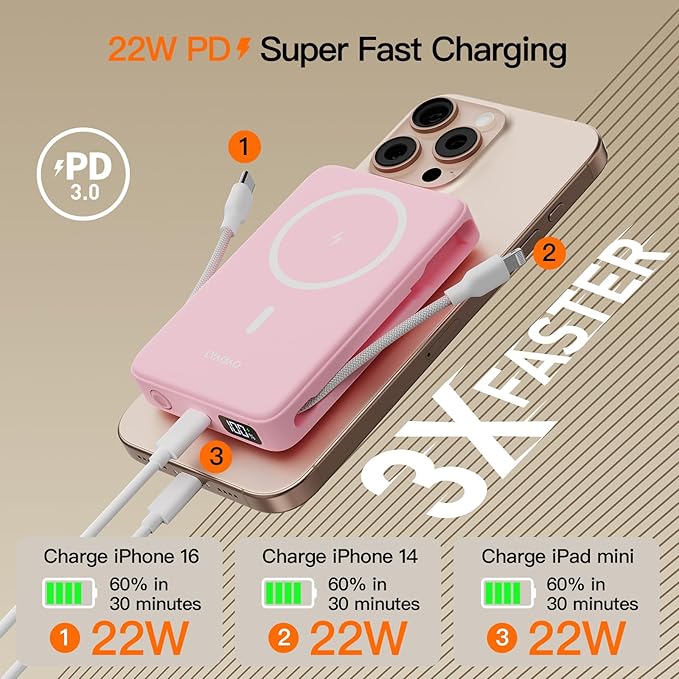 2025 Magnetic Battery Pack 16800mAh Mobile Power Bank, Portable Charger with Foldable Stand and Built-in Cable, 20W USB-C Fast Charging, Suitable for iPhone 17/16/15/14/13/12 Series