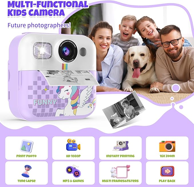 Kids Instant Print Camera, 1080P Children Printable Cameras Christmas Birthday Gifts for Girls Age 3-10, Toddler Toys for 3 4 5 6 7 8 9 10 Year Old Boys with 3 Roller Photo Paper (Purple)