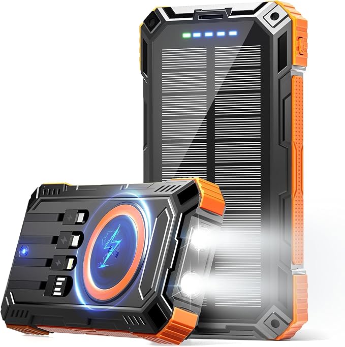 Power Bank 49800mAh Solar Charger Wireless Charging USB-C 5V/3.1A Fast Charging with 4 Built-in Cables LED Flashlight Battery Pack Compatible with iPhone, iPad, Galaxy, Perfect for Camping, Hiking