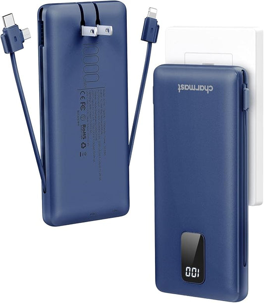 charmast Portable Charger with Built-in Cables and Plug, 10000mAh USB C Power Bank Fast Charging, External Battery Pack Slim, Travel Essentials Compatible with iPhones, Samsung Galaxy, iPad
