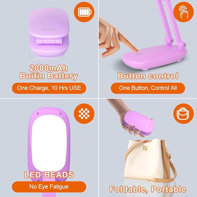 LED Desk Lamp for Office Home & Battery Operated Lamp Rechargeable Lamp Foldable & Portable Light, [2-Fold Bracket] 3 Brightness Dimmable Small Desk Lamp Wireless Reading Lamp (Purple)