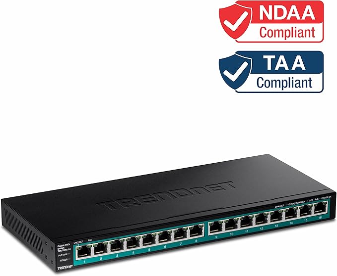 TRENDnet 16-Port Gigabit PoE+ Switch, 16 x Gigabit PoE+ Ports, Up to 30W Per Port, 1U 19” Rackmount Brackets Included, Fanless, Lifetime Protection, Black, TPE-TG161H