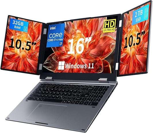 Triple Screen Laptop,16” Main + Dual 10.5” Monitors, Core i7-12700H, 32GB RAM,2TB SSD, Windows 11 Pro,Wi-Fi 6,BT 5.2,Face & Fingerprint Unlock,USB-C,HDMI for Business/Design/Stock Trading