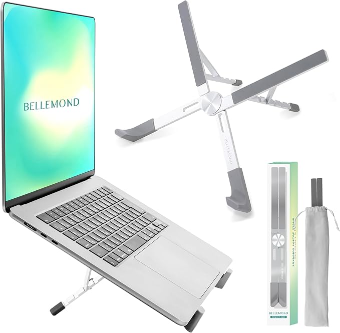 BELLEMOND Laptop Stand | Foldable & Adjustable Aluminum Riser | Ventilated X-Frame Japanese Design | Fits MacBook Pro/Air, Dell, HP, Lenovo & 10–17.3” Laptops | Portable & Lightweight | Space Silver