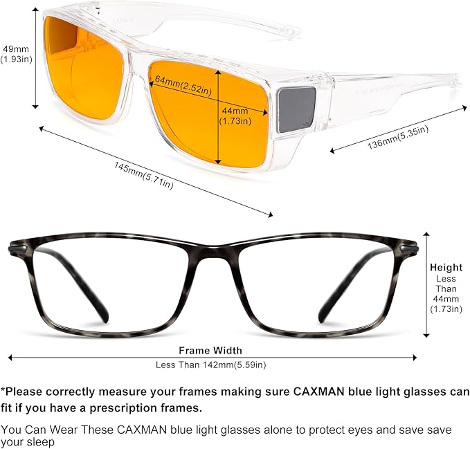 CAXMAN 99.9% Blue Light Glasses Sleep Glasses Orange Tinted Lens for Good Sleep Fit Over Glasses Fully Covered Your Eyes