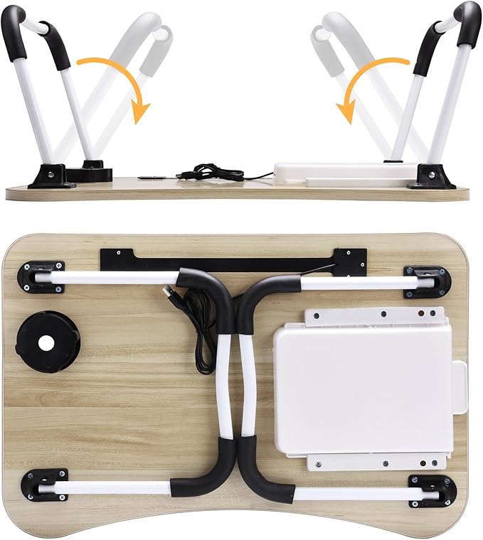 Slendor Lap Desk with Tablet Slot, Foldable Laptop Table with Storage Drawer，Portable Bed Desk for Laptop, Computer Tray with Cup Holder Notebook Stand Reading Holder for Couch Floor, White Maple