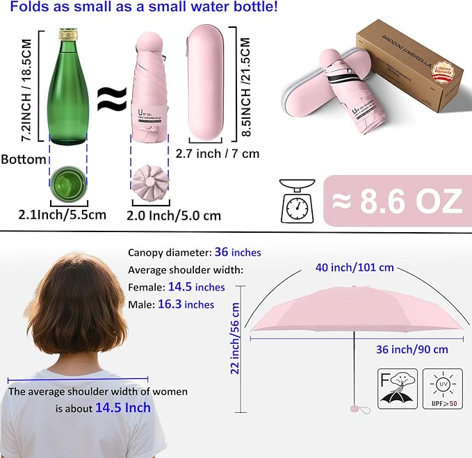 BAODINI Travel Mini Umbrella for Purse With Case Small Compact UV Sun Protection Sun Lightweight Tiny Pocket Manual Open Close Umbrella for Women Kids and Men