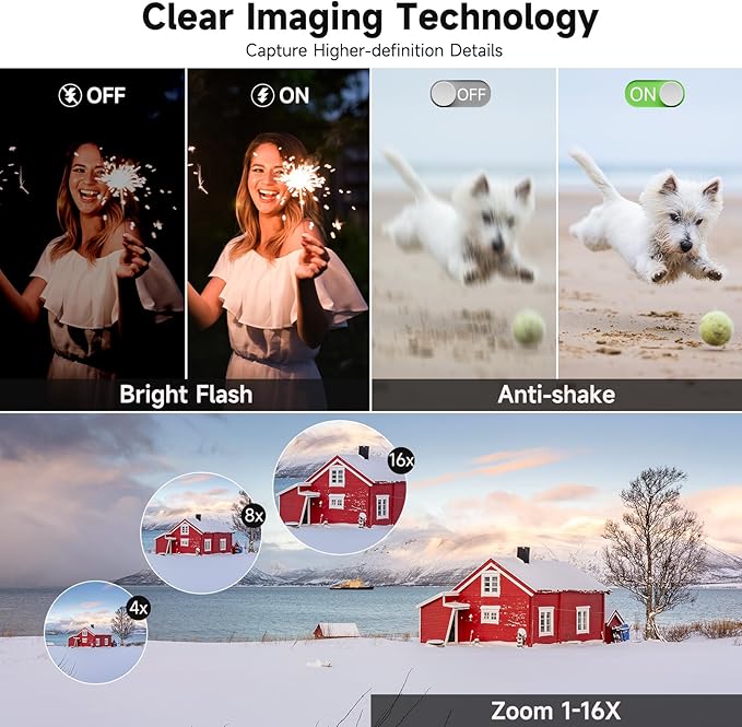 Zostuic 4K Digital Camera, 48MP Autofocus Anti-Shake Vlogging Camera for YouTube Video, 3'' 180Flip Screen with Flash 16X Zoom 32GB Card, Compact Travel Camera with Battery Charger