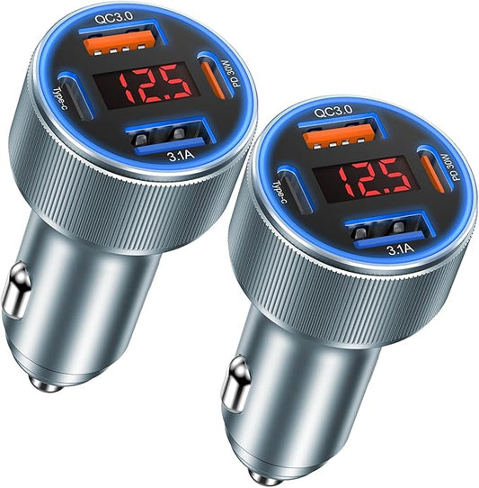 Car Charger USB C, Besgoods 65W 4-Port USB Cigarette Lighter Adapter with Voltmeter PD QC Fast Charging for iPhone 17 16 15 14 13 12 11 Galaxy S24 S23 A54 A15 Dash Cam Car Accessories, 2Pack