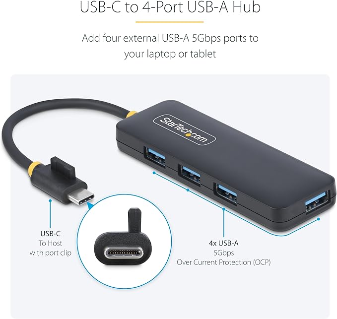 StarTech.com 4-Port USB-C Hub, USB 3.0 (5Gbps), USB-C to 4X USB-A, Bus Powered, Travel Mini Hub, Portable Multi-Port Splitter, Windows PC, MacBook, iMac, Chromebook, Surface and More