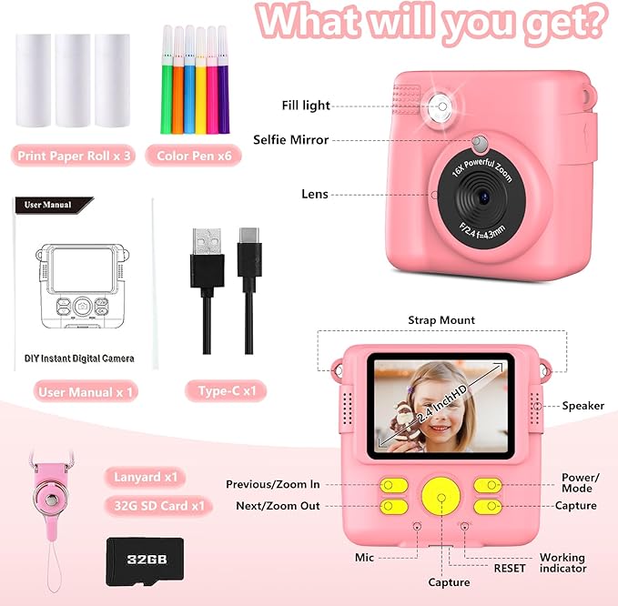 Instant Print Camera for Kids,Christmas Birthday Gifts for Age 3-12 Girls Boys，1080P HD Digital Video Cameras for Toddler,Kids Portable Toy with 3 Rolls Photo Paper，32GB Card-Pink