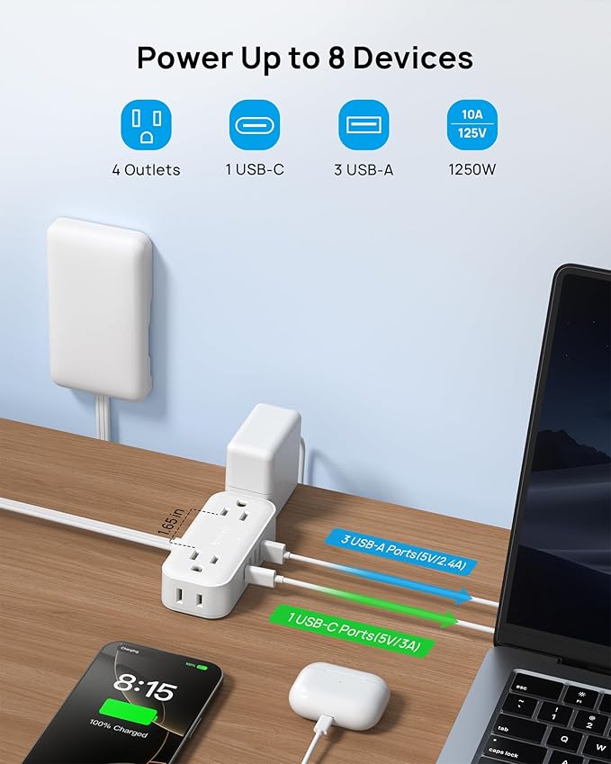 TROND Flat Plug Power Strip with Outlet Cover - 10ft Flat Extension Cord Outlet Extender Concealer with 4 AC 4 USB Ports, Fit Standard Size Wall Plate for Kitchen Home Office to Hide Messy, White