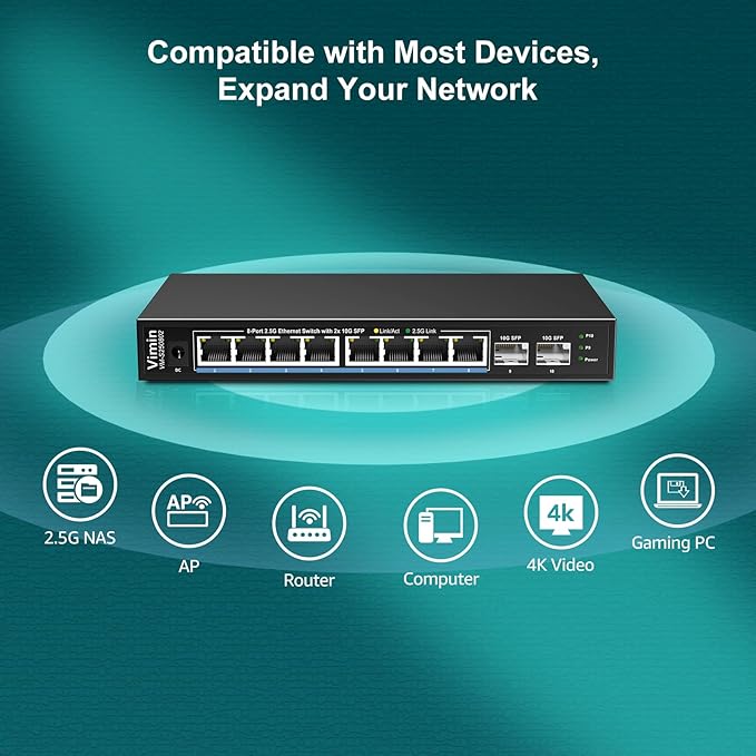 10 Port 2.5G Switch Unmanaged, VIMIN 8X 2.5G Switch Base-T Ports+2X 10G SFP Port, 80Gbps Switching Capacity, IEEE802.3, Metal Housing, Fanless, Work for 2.5Gbps NAS, Wireless AP & PC