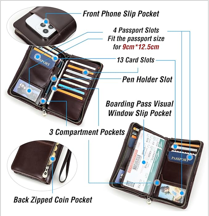 Top Grain Leather Travel Passport Wallet Holder for Man & Woman, Handmade with Three-Layer for 4 Passports & Multi Cards, RFID Blocking Large Capacity for Cards/Passports/Tickets, Brown