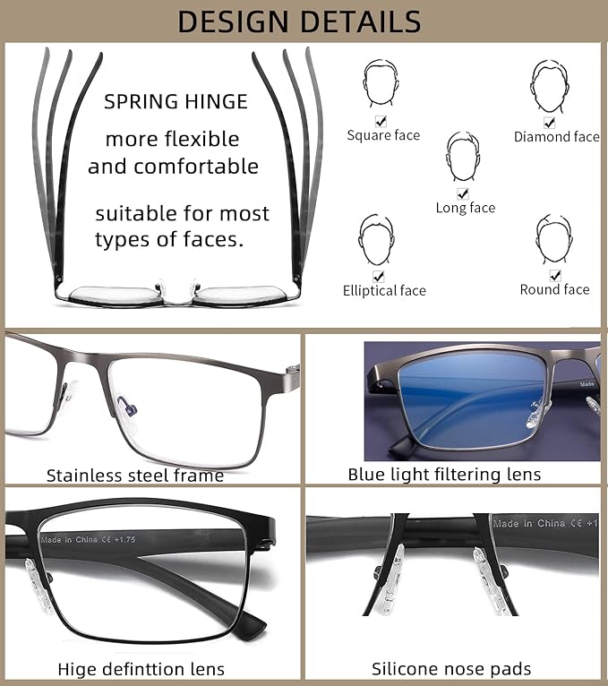 4-Pack Mens Reading Glasses Blue Light Blocking,Spring Hinge Stylish Metal Full Frame Readers for Men Anti Glare Filter Eyeglasses +2.75