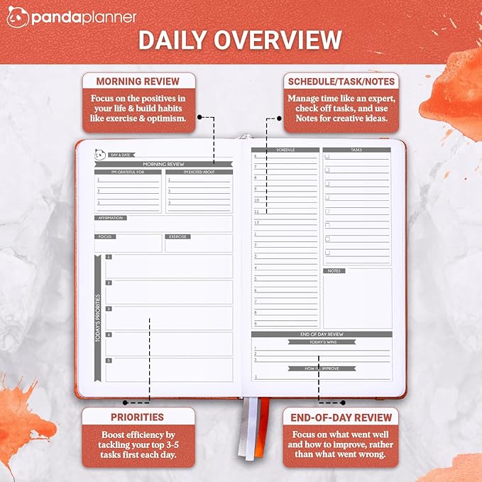 Panda Planner Classic A5 Daily Planner 2026 – Undated Quarterly Productivity Planner with Hourly Schedule, To Do List, Daily Journal, Goal Planner, Habit Tracker & Gratitude Organizer for Home/Office – Orange