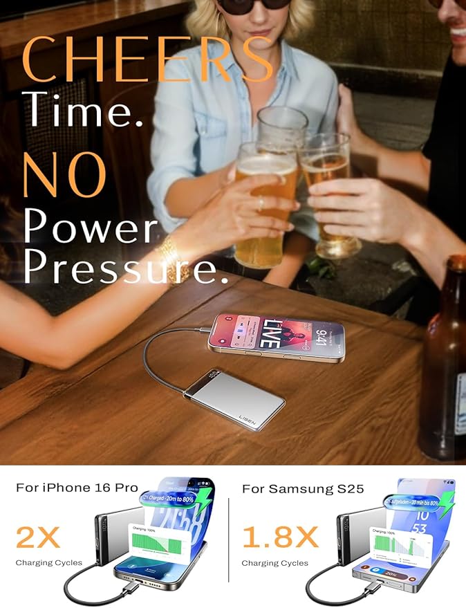 LISEN 0.5" Ultra Slim Portable Charger Power Bank [10000mAh 22.5W] CCC Certified Power Bank TSA Approved, Airplane Gadgets for Global Travel Essentials Portable Battery Pack with Built-in USB C Cable