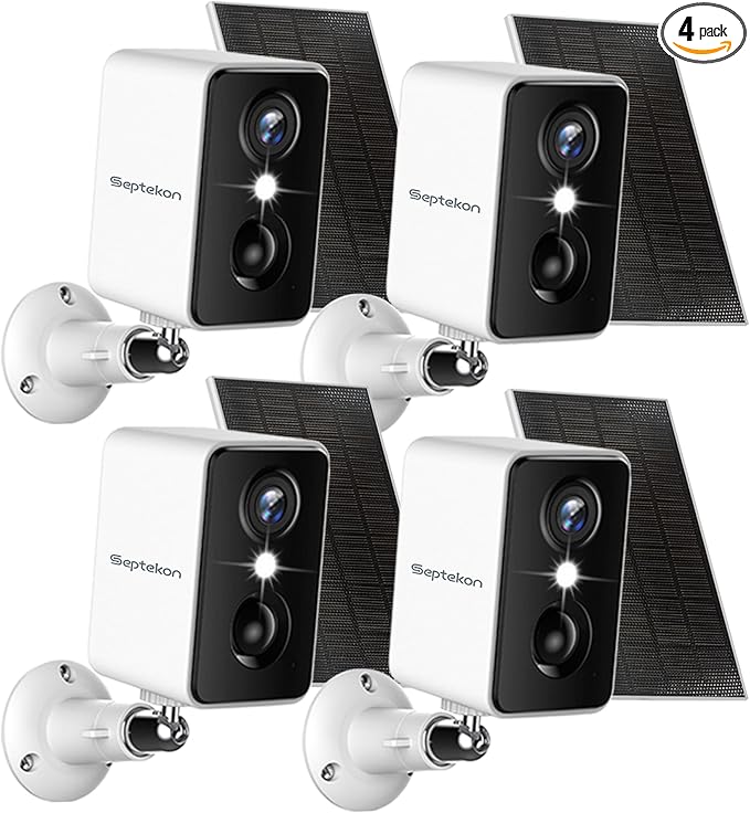 Septekon 2K Security Cameras Wireless Outdoor 4 Pack, Solar Battery Powered Camera with Two Spotlights, PIR Motion Detection Siren, Color Night Vision, 2-Way Audio, IP66 Waterpoof