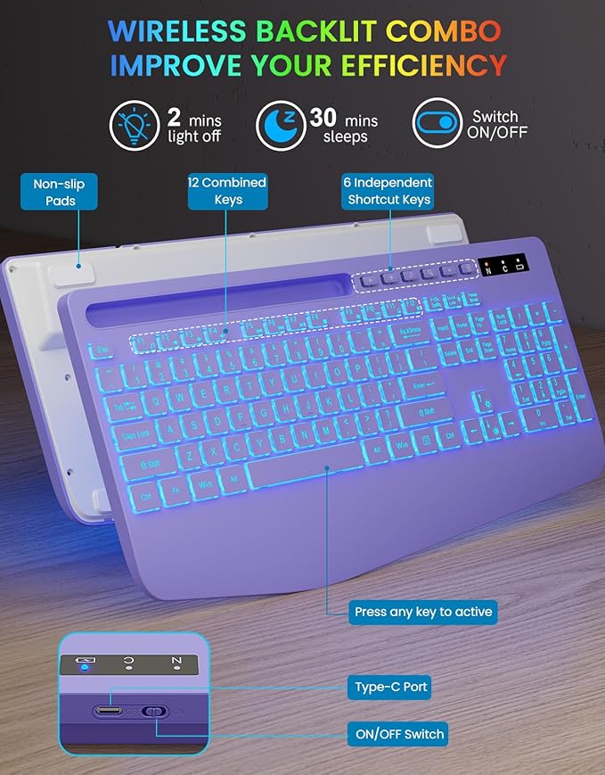 Wireless Keyboard with 7 Colored Backlits, Wrist Rest, Phone Holder, Rechargeable Ergonomic Computer Keyboard with Silent Keys, Full Size Lighted Keyboard for Windows, MacBook, PC, Laptop (Purple)