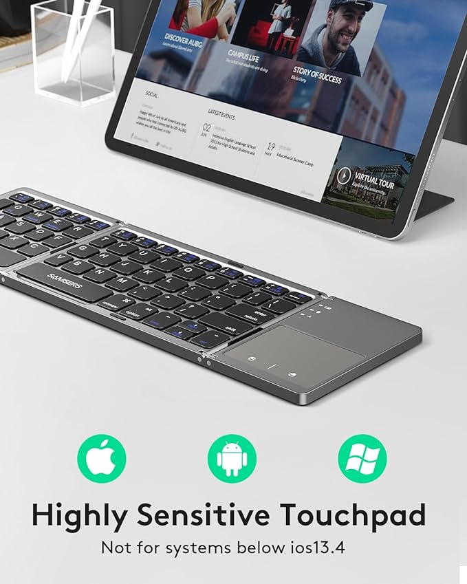 Samsers Foldable Bluetooth Keyboard with Touchpad, Portable Wireless Keyboard with Stand Holder, Rechargeable Full Size Ultra Slim Pocket Folding Keyboards for Android Windows IOS Tablet & Laptop-Gray