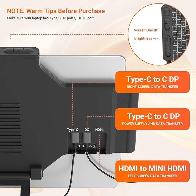 Laptop Screen Extender 14 inch Laptop Monitor Extender 1080P IPS, Triple Portable Monitor for Laptops 13-17.3" with USB-C DP/HDMI Port, Plug-Play Portable Screen for Windows/Mac/Chrome/Android