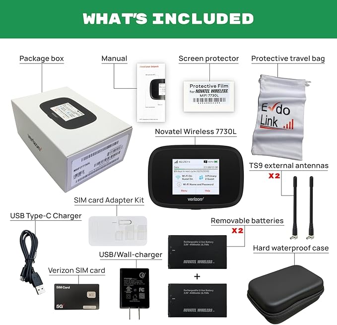 Verizon Wireless Jetpack Inseego MiFi 7730L | Mobile Hotspot for Travel | 4G Mobile Portable WiFi | Unlocked Globally | Speed up to 450 Mbps | Usage Up to 8 Hours | EVDO-LINK Bundle - Verizon Sim Card