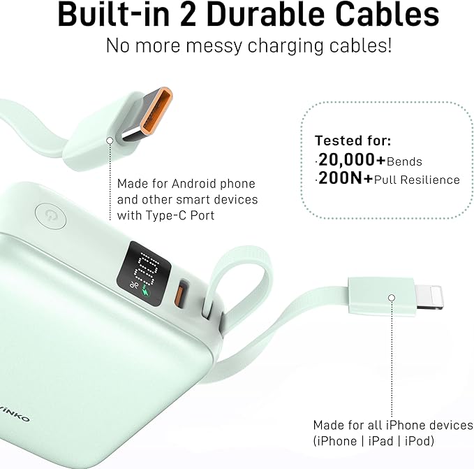 VINKO Small Portable Charger, 22.5W Fast Charging Mini Power Bank 10000mAh with Built-in Cables LED Display, Travel Essential USB-C Battery Pack Compatible with iPhone,Samsung,Android (Green)