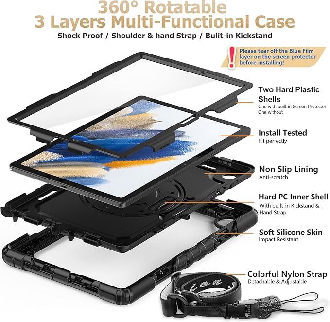 SEYMAC stock Case for Samsung Galaxy Tab A8 10.5'', Full-Body Drop Protection Case with Screen Protector Pencil Holder [360° Rotating Hand Strap] &Stand, Black