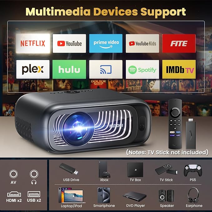 [Electric Focus/Auto Keystone] FUDONI Projector with WiFi 6 and Bluetooth Dual-way, Native 1080P 28000L 4K Support Outdoor Movie Projector Max 300'' Display, for iOS/Android/TV Stick/HDMI/USB/Laptop