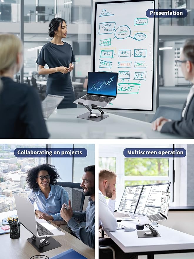 SOUNDANCE Laptop Stand with 360° Rotating Base, Ergonomic Computer Riser for Desk, Adjutable Height Muti-Angle, Foldable Laptop Mount, Stable Metal Holder Support 10-15.6" Notebook PC, Black