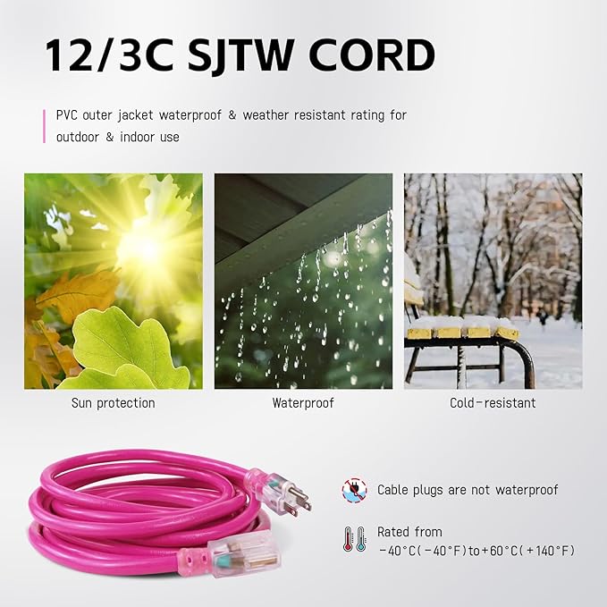 EP 6 Ft Outdoor Extension Cord with Lighted End, 12/3 Gauge SJTW Heavy Duty Extension Cable with 3 Prong Grounded Plug, 15AMP 1875W 12AWG, Pink, UL Listed