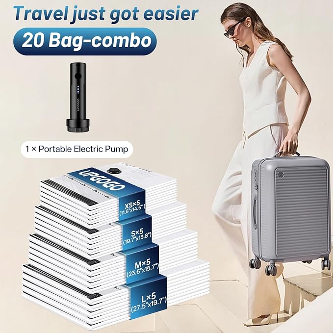 Combo 20 Pack Travel Vacuum Bags for Luggage with Portable Electric Pump,Vacuum Seal Bags for Clothing,Packing Cubes Compression,Cruise Ship and Travel Essentials