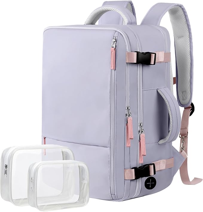 Hanples Large Travel Backpack for Women as Person Item Flight Approved, Waterproof 35L Carry On Backpack, 17 Inch Laptop Backpack for Business Bag with 2 Toiletry Bags (Gray Purple)