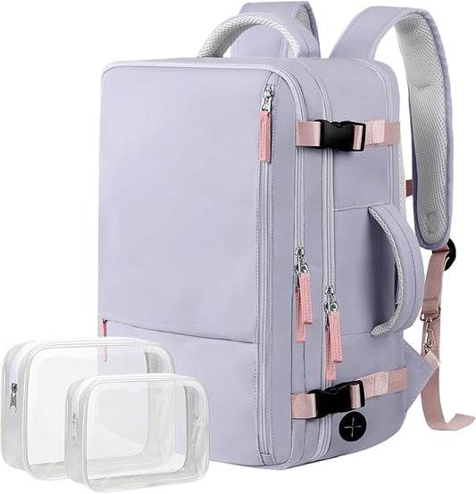 Hanples Large Travel Backpack for Women as Person Item Flight Approved, Waterproof 35L Carry On Backpack, 17 Inch Laptop Backpack for Business Bag with 2 Toiletry Bags (Gray Purple)