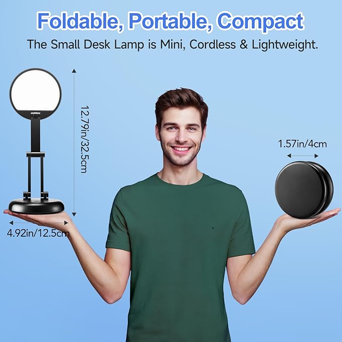 Small Desk Lamp for College Dorm Room Rechargeable 3600mAh, Foldable+Cordless Table Lamps Battery Powered Lights, Portable & Dimmable Desk Lamps for Home Office, 9 Brightness LED Desk Light Dorm Lamp