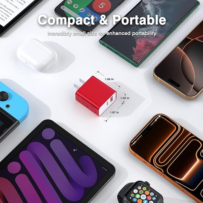 2Pieces USB C Wall Charging Block, 20W 2Port Fast USBC PD3.0 Power Adapter Type C Charger Brick Cube Plug for iPhone 13 14 15 16 17 Pro Max Mini 11 XS X 8, iPad, Samsung, Google, Tablet, Android, Red