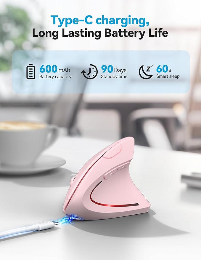 TECKNET Ergonomic Mouse, Rechargeable 2.4G+Bluetooth Vertical Mice 6 DPI Adjustable, Wireless Optical Carpal Tunnel Mouse for Right Hand, Silent 6 Buttons for Laptop, PC, MacBook, iPad - Pink