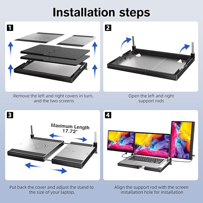 Laptop Triple Screen Extender - 14" Monitor IPS FHD 1080P HDMI USB-C Detachable Portable Display for 12-17.3 Inch Laptops Compatible with Windows Mac Chrome Surface Metal Base Travel Work Setup