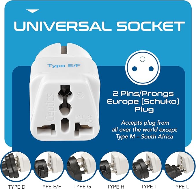 Ceptics Schuko, Germany France Travel Power Adapter, Grounded European Plug - Type E/F Outlet, Adaptor for USA to Europe EU Socket - 3 Pack - Use In Norway, Korea, Spain, Greece, Russia, Iceland