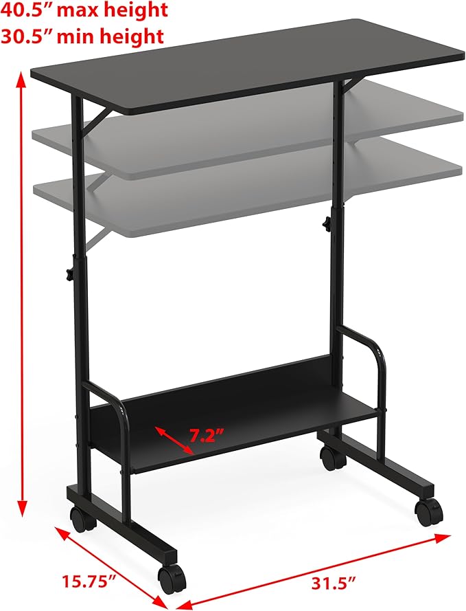 SHW 30.5" to 40.5" Height Adjustable Mobile Standing Desk Laptop Workstation for Walking Pad Treadmill, Black