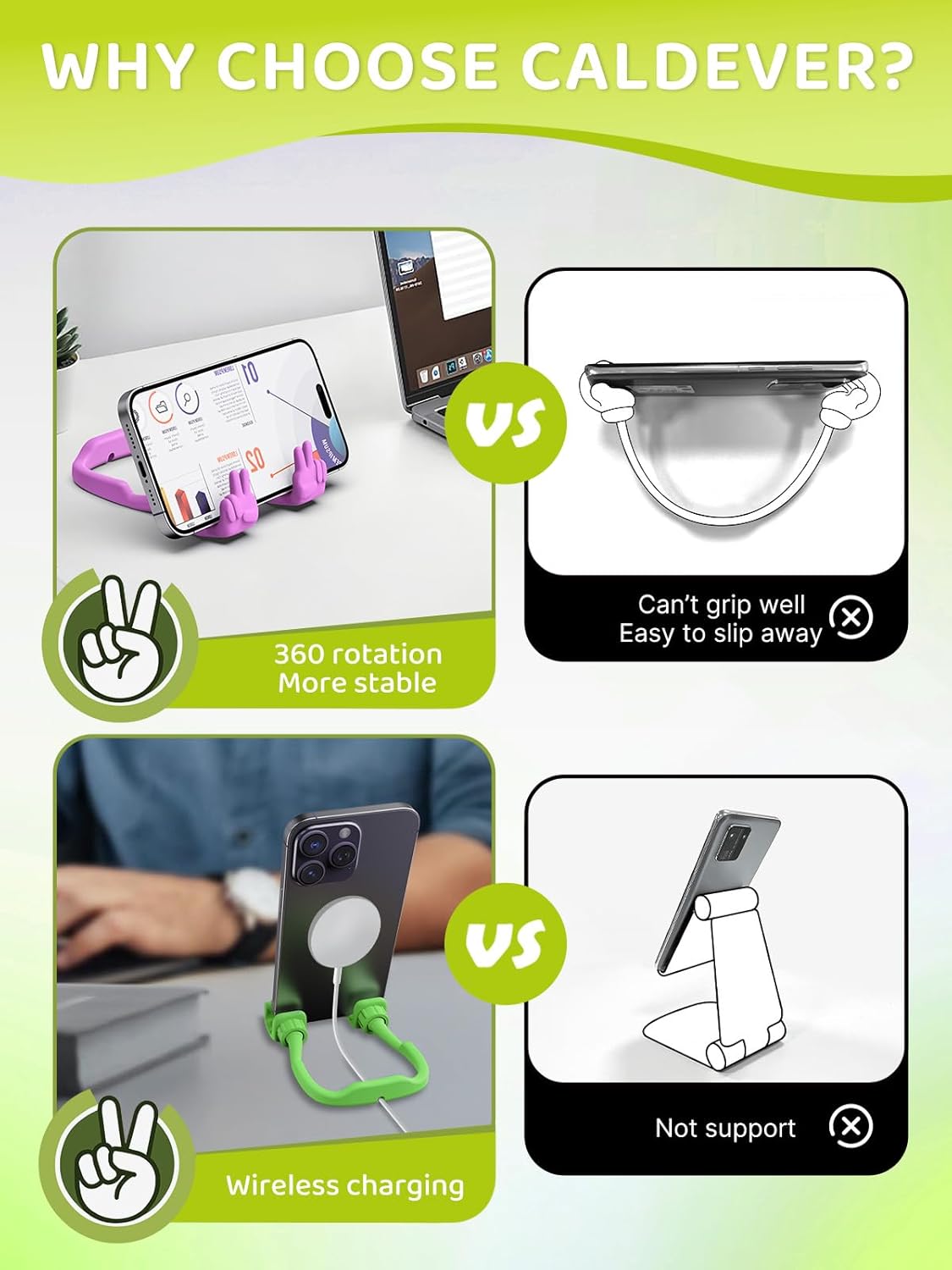 Stocking Stuffers for Teens Girls Boys Kids Cell Phone Stand: 2 Pack Upgrade Adjustable Peace Sign Thumbs Lazy Phone Holder for Desk Birthday Gifts for Women Men Adults (Bright Purple&Avocado Green)