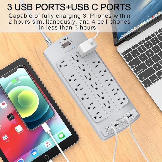 18 Outlets Surge Protector Power Strip - 10 Feet Flat Plug Heavy Duty Extension Cord with 18 Widely Outlets and 4 USB Ports, 2100 Joules, Grey, ETL Listed