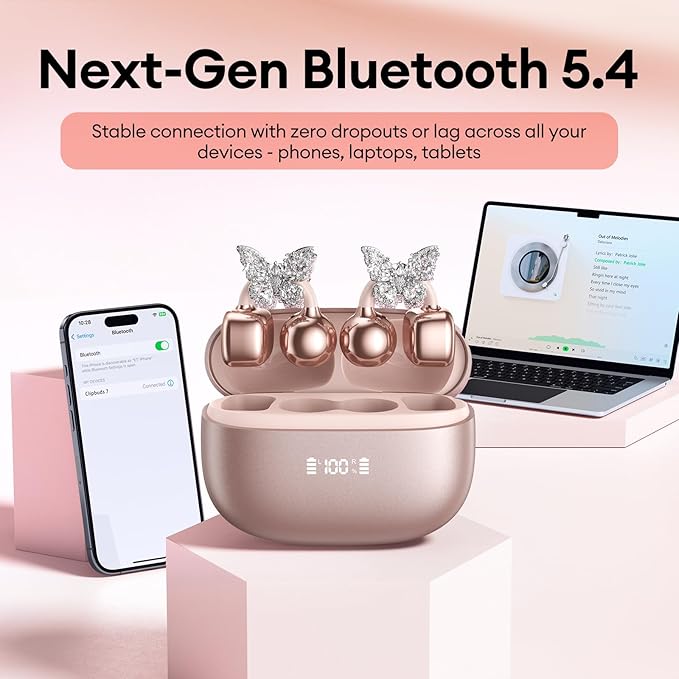 PAXA Bling Open Ear Clip On Earbuds with LED Display & Crystal Butterfly Earrings, Comfort Bluetooth 5.4 Wireless Ear Buds 50H Playtime for Women Girl Work, Fitness, Daily Wear, Gift, Rose Gold