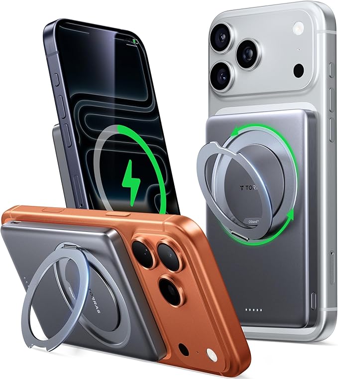 TORRAS Ostand MiniMag Power Bank, 5,000mAh Ultra Slim Magnetic Portable Charger with Stand, Fast Charging for iPhone Air Wireless Mag-Safe Battery Pack for iPhone 17/17 Pro/17 Pro Max/16/15/14, Gray